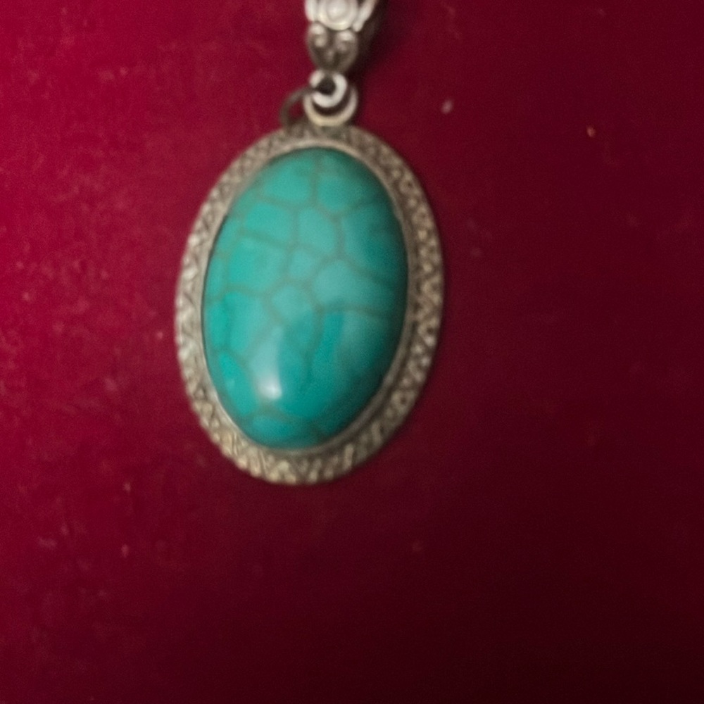 Blue and Silver Oval Necklace with Turquoise Centerpiece